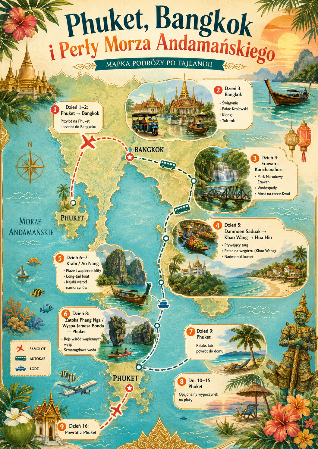 Ilustrowana mapa podróży po Tajlandii z trasą przez Phuket, Bangkok, rzekę Kwai, Hua Hin, Krabi, zatokę Phang Nga i powrót na Phuket